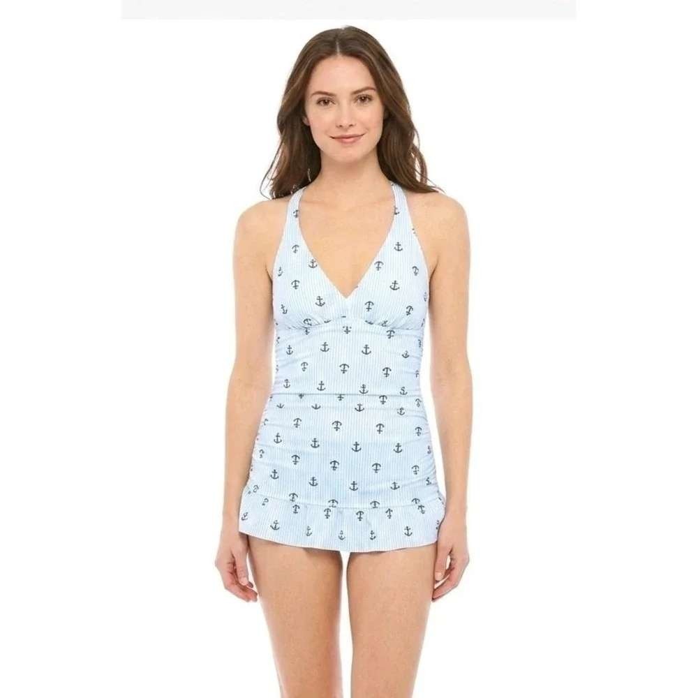 Crown & Ivy Swim Dress Womens 2X Blue White Anchor Nautical Plus Size NWT